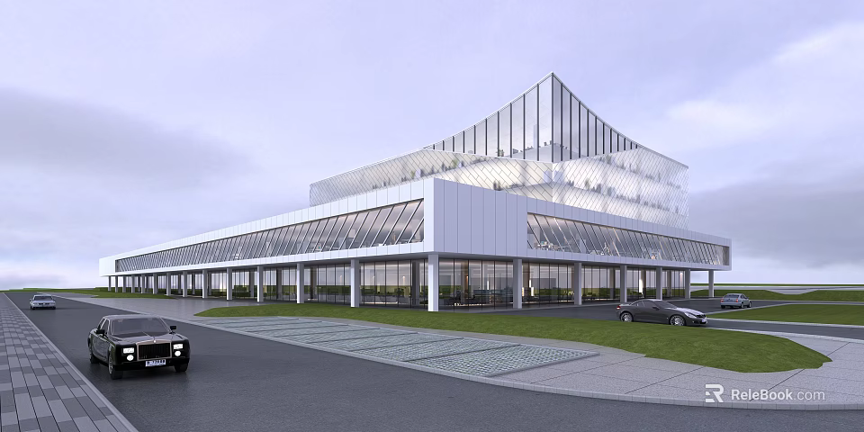 Modern Office Building With Glass Facade Unique Roof Design And Landscaped Lawn 3d model 