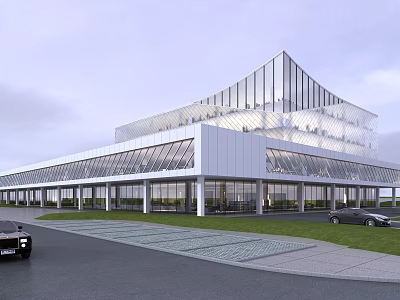Modern Office Building With Glass Facade Unique Roof Design And Landscaped Lawn 3d model