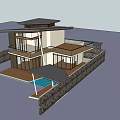 Modern Single Family House With Sloped Roof Large Glass Windows And Stone Wall