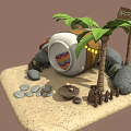 Cartoon Happy Island Scene With Palm Trees Round Hut Sandy Beach And Stone Path