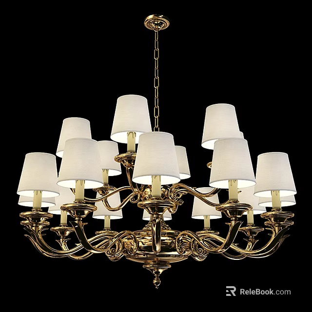 Elegant Gold Chandelier With Multiple White Fabric Shades And Ornate Vintage Frame 3d model 