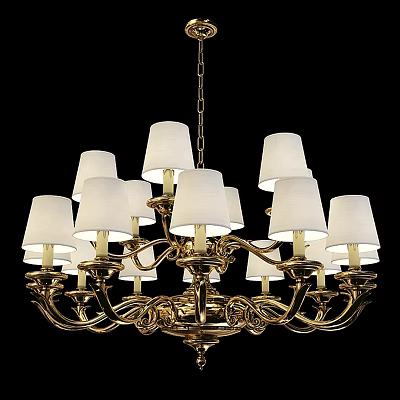 Elegant Gold Chandelier With Multiple White Fabric Shades And Ornate Vintage Frame 3d model
