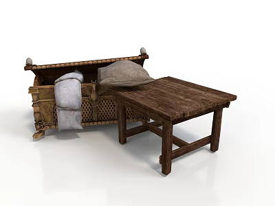 Cozy Bamboo Sofa With Pillows And Gray Throw Blanket By Wooden Table 3d model