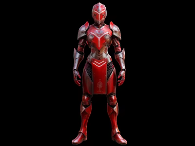 Futuristic Game Movie Warrior Character in Red Metallic Full Body Armor with Detailed Plates 3d model