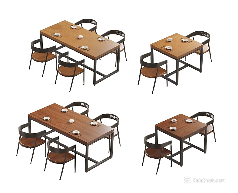 Modern Dining Table Set With Wooden Top Black Metal Frame And Four Chairs 3d model 