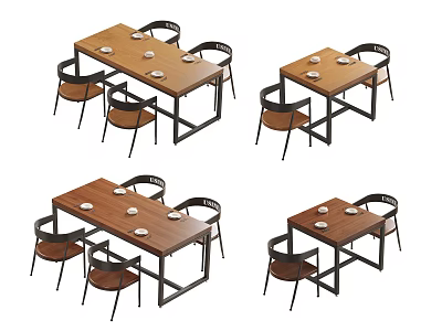 Modern Dining Table Set With Wooden Top Black Metal Frame And Four Chairs 3d model