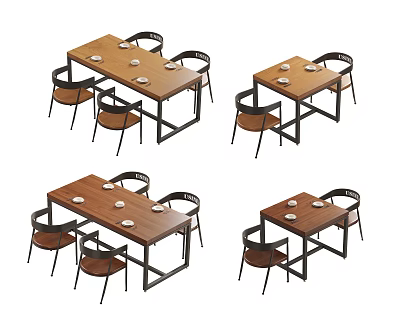 Modern Dining Table Set With Wooden Top Black Metal Frame And Four Chairs 3d model
