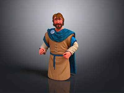 3D Character Model With Medieval Brown Robe Blue Cloak Brown Hair Beard And White Cuffs 3d model