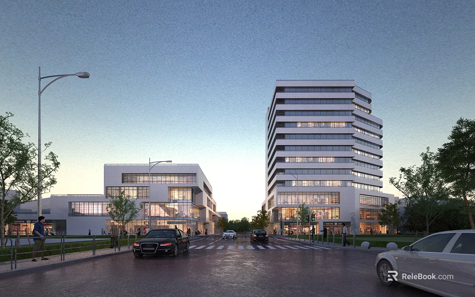 Modern Office Building Complex With Glass Curtain Walls High Rise Low Rise Evening Street View 3d model 