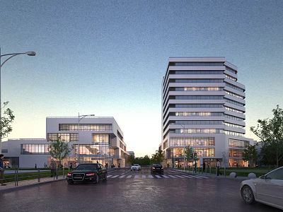 Modern Office Building Complex With Glass Curtain Walls High Rise Low Rise Evening Street View 3d model