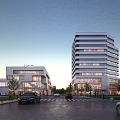 Modern Office Building Complex With Glass Curtain Walls High Rise Low Rise Evening Street View