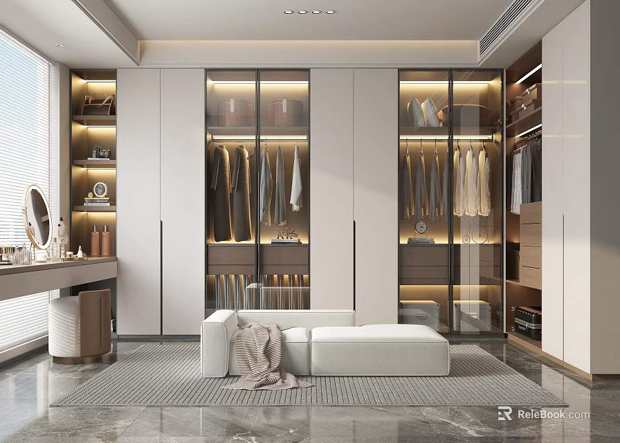 Modern Walk in Closet With Glass Doors And Bench 3d model 