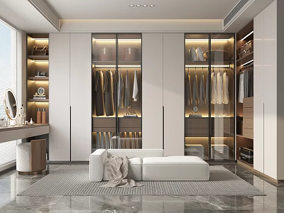 Modern Walk in Closet With Glass Doors And Bench 3d model