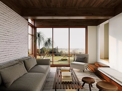 Modern Living Room Interior Design With Wooden Ceiling Large Windows And Natural Landscape View 3d model