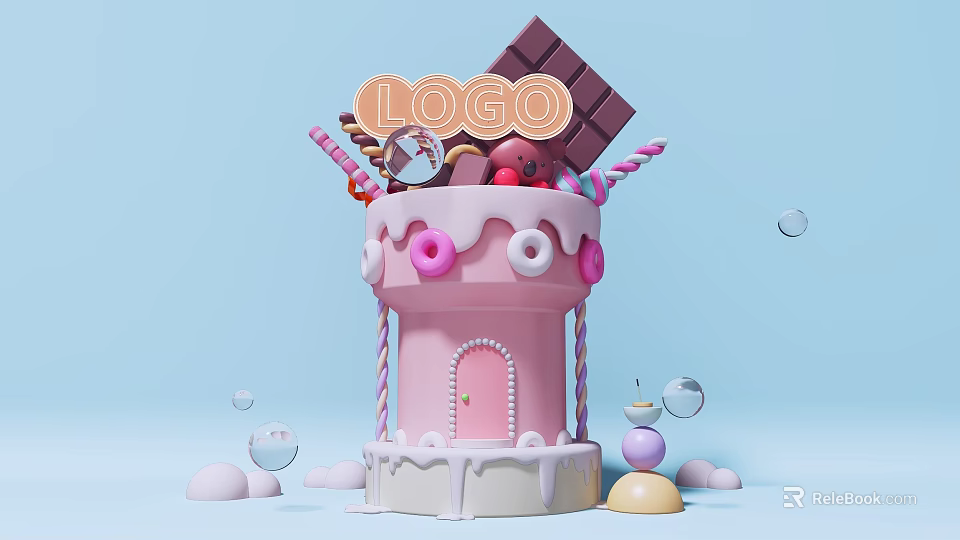 Colorful Candy Tower Photo Spot With Chocolate Block Donuts Candy Canes And Bubbles 3d model 