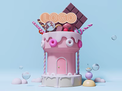 Colorful Candy Tower Photo Spot With Chocolate Block Donuts Candy Canes And Bubbles 3d model