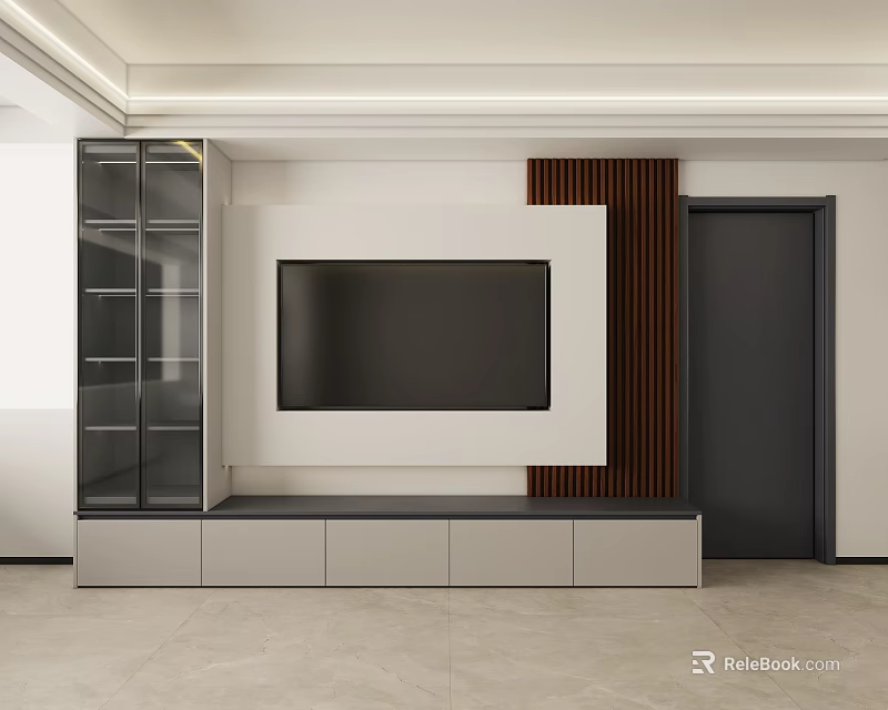 Modern TV Stand with Glass Door Storage Drawers and Wall Mounted TV in Living Room 3d model 