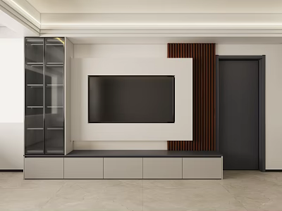 Modern TV Stand with Glass Door Storage Drawers and Wall Mounted TV in Living Room 3d model