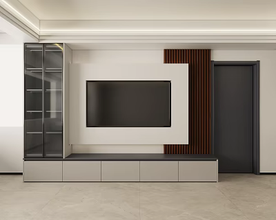 Modern TV Stand with Glass Door Storage Drawers and Wall Mounted TV in Living Room 3d model