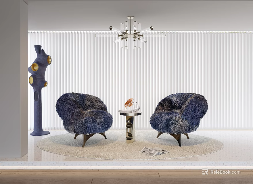 Blue Fluffy Casual Sofa Set with Round Coffee Table Chandelier Blinds and Decorative Rug 3d model