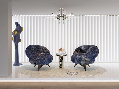 Blue Fluffy Casual Sofa Set with Round Coffee Table Chandelier Blinds and Decorative Rug 3d model
