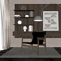 Modern Leisure Chair In Stylish Living Room With Wooden Shelves Abstract Art And Soft Rug