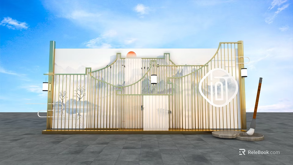 Chinese Style Garden Gate With Golden Fence And Landscape Wall Art 3d model 
