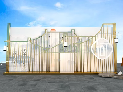 Chinese Style Garden Gate With Golden Fence And Landscape Wall Art 3d model