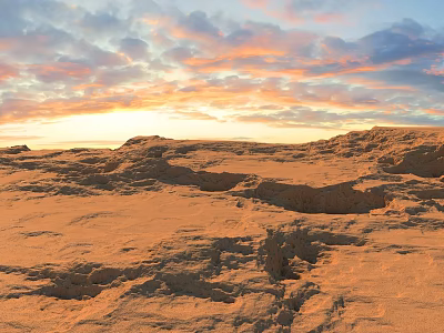 Desert Landscape At Sunset With Orange Blue Clouds And Sandy Terrain 3d model