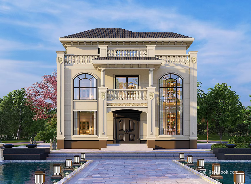 Two Story Classic Detached Villa With Yellow Facade Black Roof Pool Trees And Pathway Lights 3d model 