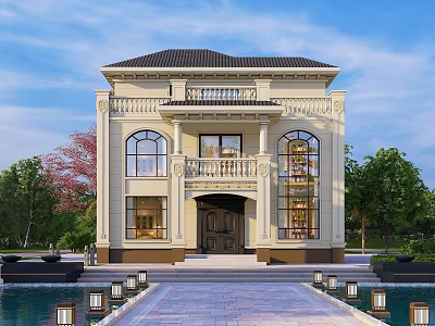 Two Story Classic Detached Villa With Yellow Facade Black Roof Pool Trees And Pathway Lights 3d model