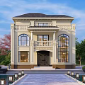 Two Story Classic Detached Villa With Yellow Facade Black Roof Pool Trees And Pathway Lights