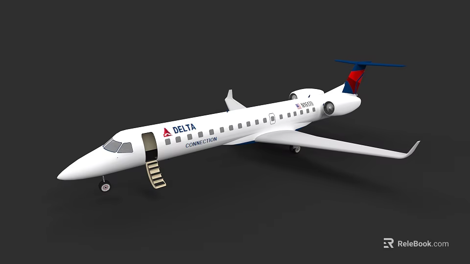 Delta Connection Airplane With White Body Open Door Boarding Stairs And Red Blue Tail 3d model 