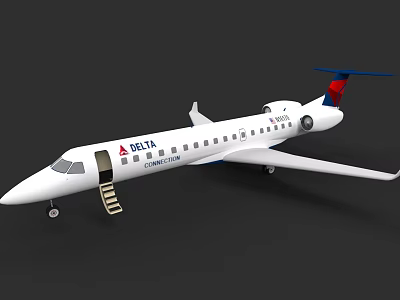 Delta Connection Airplane With White Body Open Door Boarding Stairs And Red Blue Tail 3d model