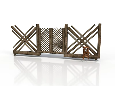 Wooden Fence Structure With Lattice Design And Small Wooden Stool 3d model
