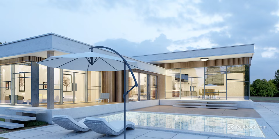 Modern Single Family Villa With Swimming Pool Outdoor Lounge And Glass Facade Design 3d model 