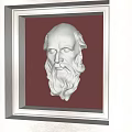 Wall Decoration White Sculpted Head in Brown Frame with Red Background and Gray Wall Texture