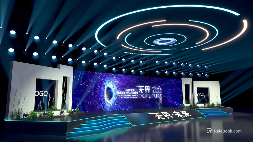 Tech Inspired Modern Stage With Blue Backdrop Screen Circular Lighting And Steps 3d model 