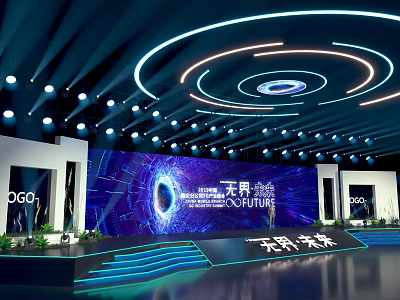 Tech Inspired Modern Stage With Blue Backdrop Screen Circular Lighting And Steps 3d model