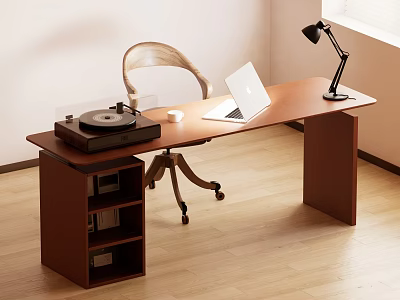 Wooden Home Office Desk With Chair Lamp Laptop Record Player And Storage Shelves 3d model