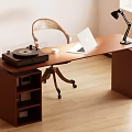 Wooden Home Office Desk With Chair Lamp Laptop Record Player And Storage Shelves