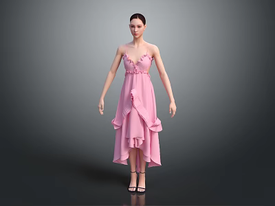 Stylish Pink Midi Dress with V Neck Ruffles and Flowy Silhouette 3d model