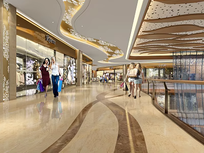 Spacious Shopping Mall Lobby Interior With Ornate Ceiling Marble Flooring And Shoppers Walking 3d model