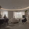 Modern Living And Dining Room Interior With White Sofa Purple Chairs Circular Chandeliers And Fireplace