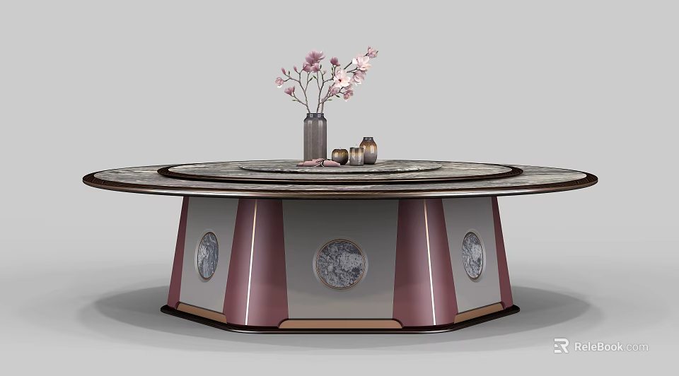 Elegant Round Dining Table Rotating Lazy Susan Pink White Legs Vase Flowers Jars 3d model 
