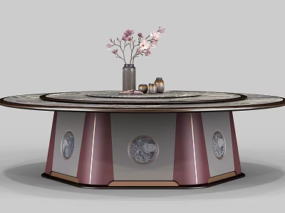 Elegant Round Dining Table Rotating Lazy Susan Pink White Legs Vase Flowers Jars 3d model