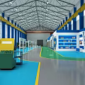 Spacious Factory Interior With High Ceiling Windows Blue Green Floors Yellow Accents And Machinery