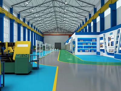 Spacious Factory Interior With High Ceiling Windows Blue Green Floors Yellow Accents And Machinery 3d model