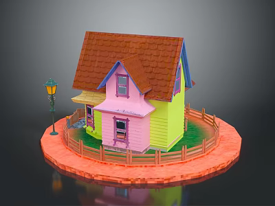 Miniature House Featuring Yellow Pink Walls Brown Roof Street Lamp Wooden Fence and Circular Platform 3d model