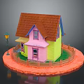 Miniature House Featuring Yellow Pink Walls Brown Roof Street Lamp Wooden Fence and Circular Platform